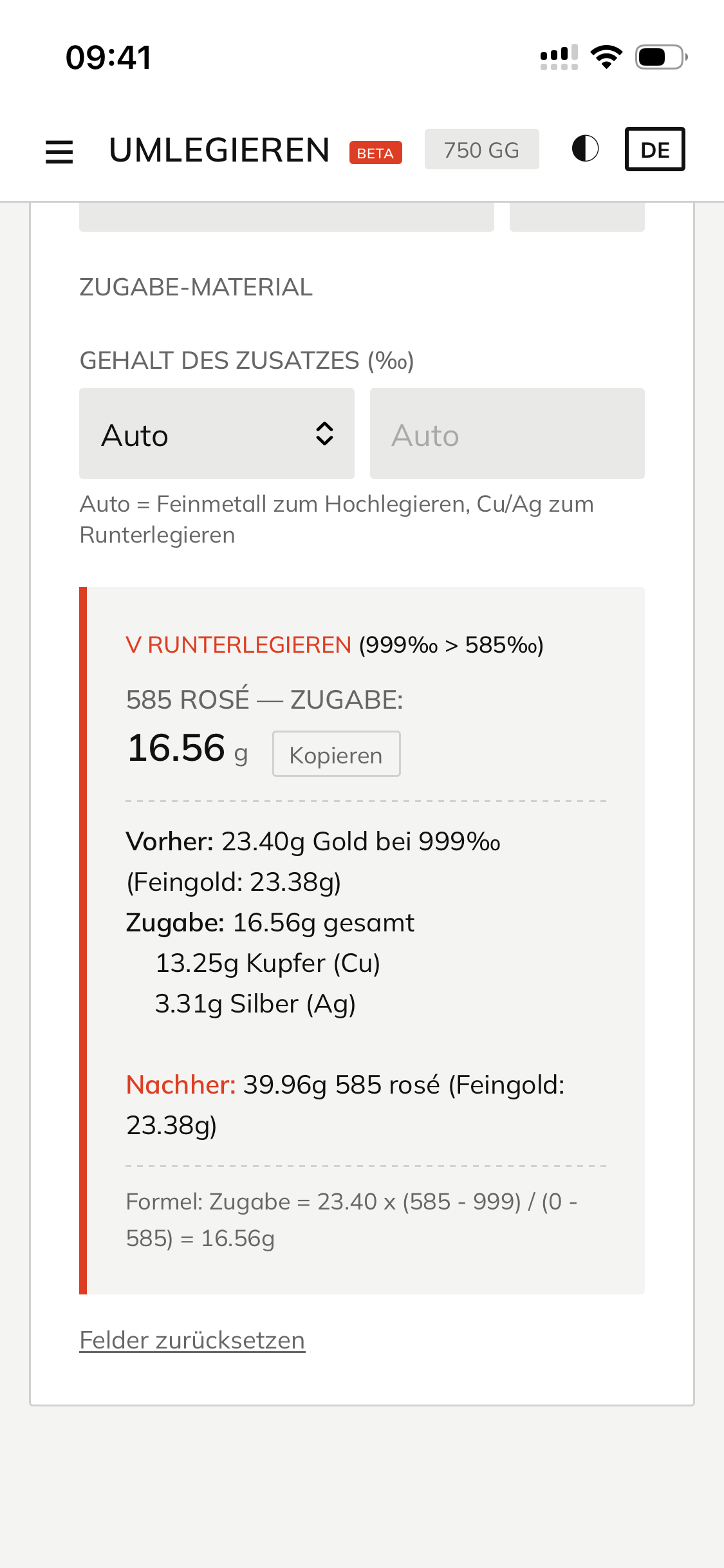 Legierungsrechner Ergebnis